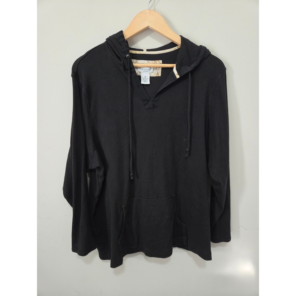 Kim Rogers Woman Black Cotton Long Sleeve Hoodie V-Neck Pullover Top 2X